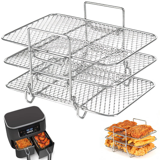 BYKITCHEN Air Fryer Racks for Ninja Dual, Three Layer Stainless Steel Cooking Rack, Air Fryer AF300UK AF400UK Accessories, Grilling Rack for Ninja/Salter/Tower/EMtronics Double Drawer Fryer