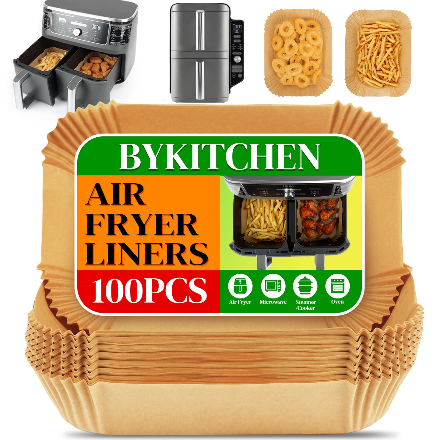 BYKITCHEN 100pcs Air Fryer Liners for Ninja Dual, Air Fryer AF300UK AF400UK Accessories, Disposable Air Fryer Parchment Paper Liner, Compatible with Ninja, Salter, Tower and Other Dual Zone Air Fryer