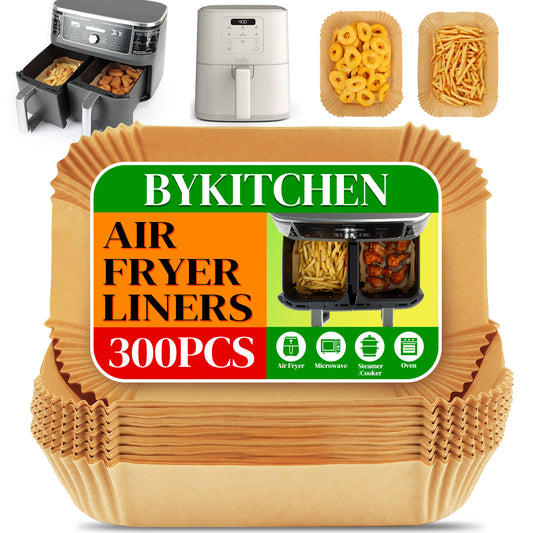 BYKITCHEN 300PCS Air Fryer Liners for Ninja Dual Airfryer, Rectangle Disposable Air Fryer Parchment Paper Compatible with Ninja DZ201/ DZ401/ DZ550, Bella Slim Airfryer &More, Air Fryer Accessories