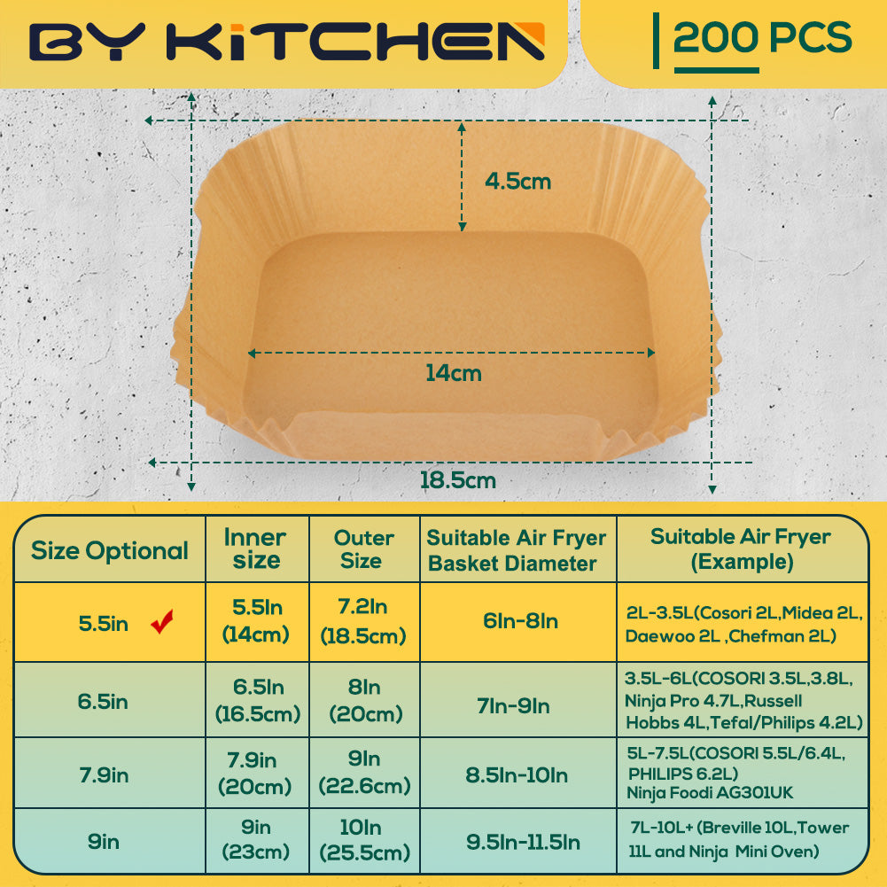 BYKITCHEN 200PCS Air Fryer Liners for Chefman Mini/Midea Compact/Cosori Small/Daewoo 2L, 5.5 Inch Disposable Parchment Paper Liners, Non-Stick Air Fryer Accessories for Single Baskets