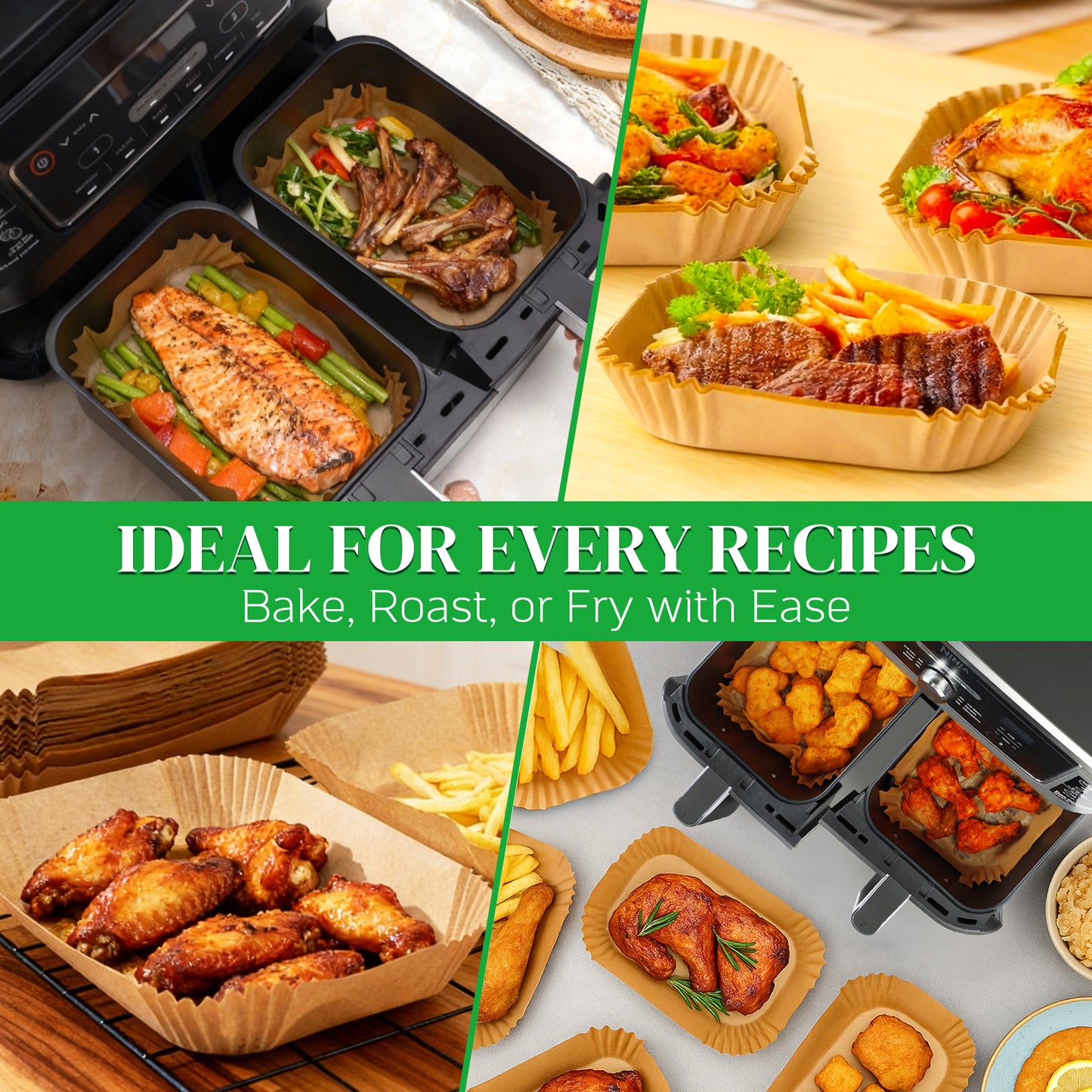 BYKITCHEN 300PCS Air Fryer Liners for Ninja Dual Airfryer, Rectangle Disposable Air Fryer Parchment Paper Compatible with Ninja DZ201/ DZ401/ DZ550, Bella Slim Airfryer &More, Air Fryer Accessories
