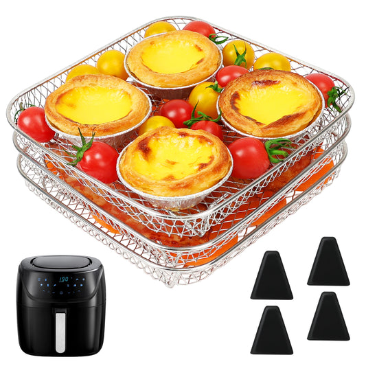 BYKITCHEN 7 Inch Air Fryer Rack Fit for Ninja Crispi/Ninja Pro 5QT/ Cosori 5QT/ Chefman 5-6QT Airfryer &More, Air Fryer Accessories, 3pcs Stackable Stainless Steel Airfryer Basket with Silicon Feet