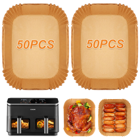 BYKITCHEN Air Fryer Liners for COSORI Dual Air Fryer 8.5L, 100Pcs Air Fryer Accessories for Ninja Flex Drawer AF500UK, Compatible for Cuisinart XXL10.4L Air Fryer/Russell Hobbs Dual Air Fryer 9L