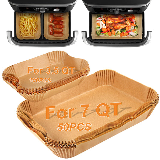 BYKITCHEN Air Fryer Liners Compatible with Ninja Foodi DZ071 7-QT/ 11-QT/Topzee 11-QT/Instant 9 QT DualZone FlexBasket Air Fryer, 100pcs Small Airfryer Dual Liners & 50pcs Large Papers for Megazone