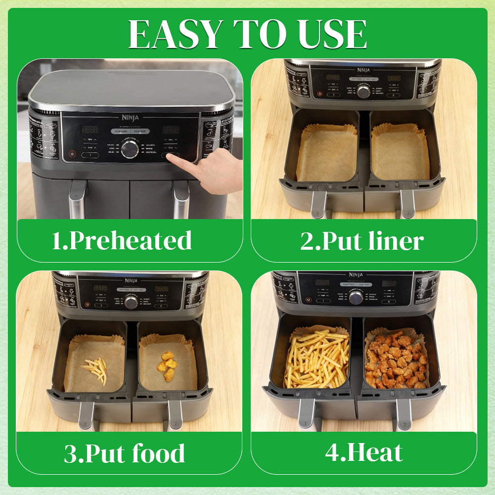 BYKITCHEN 300PCS Air Fryer Liners for Ninja Dual Airfryer, Rectangle Disposable Air Fryer Parchment Paper Compatible with Ninja DZ201/ DZ401/ DZ550, Bella Slim Airfryer &More, Air Fryer Accessories