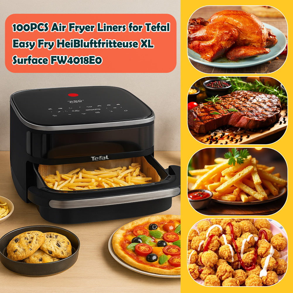BYKITCHEN 100PCS Air Fryer Liners for Tefal Easy Fry Pizza Air Fryer 10 Inch, 25.5cm Large Disposable Airfryer Liners Square, Parchment Paper Accessories for Fryers with Pizza Drawer & Oven