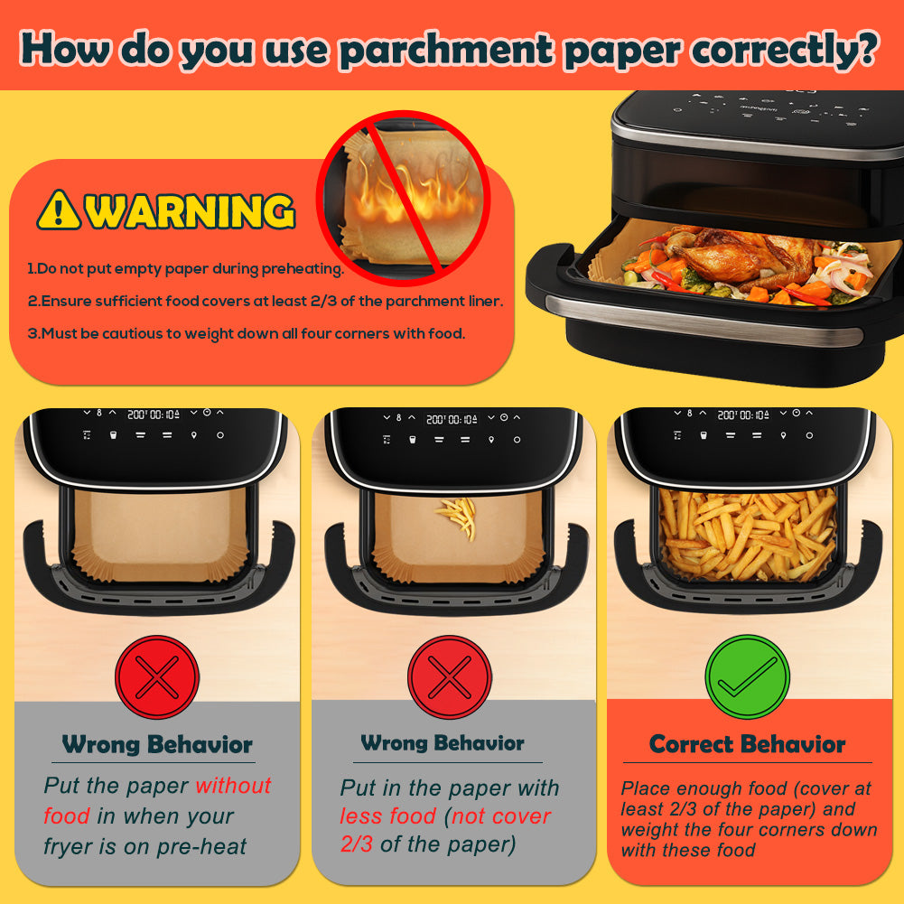 BYKITCHEN 100PCS Air Fryer Liners for Tefal Easy Fry Pizza Air Fryer 10 Inch, 25.5cm Large Disposable Airfryer Liners Square, Parchment Paper Accessories for Fryers with Pizza Drawer & Oven