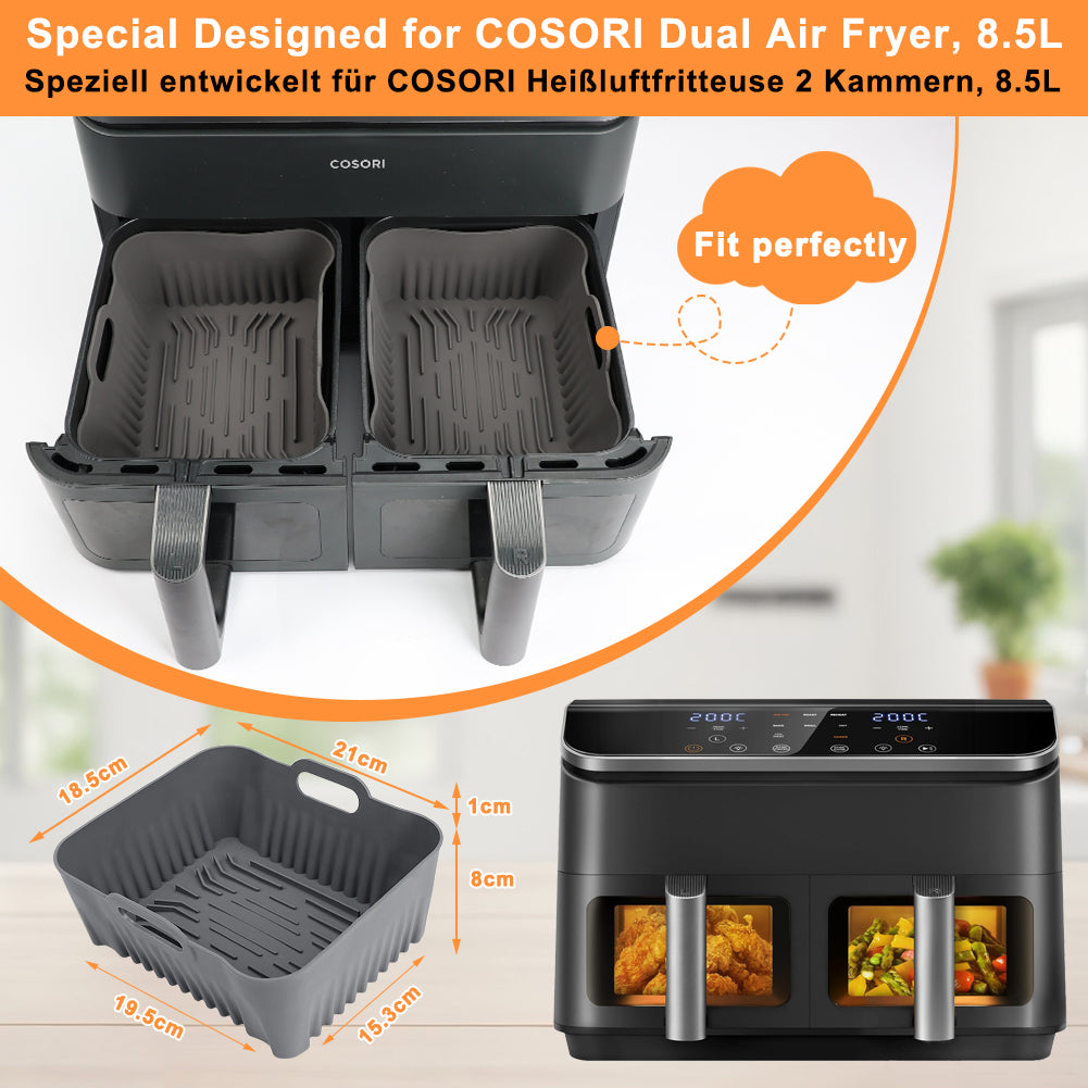 BYKITCHEN 2PCS Silicone Air Fryer Liners for COSORI Dual Air Fryer 8.5L, Preminum Thick 2.5mm, Large Airfryer Silicone Liners, Heat-Resistant Non-Stick Accessories for COSORI CAF-R901 Dual Basket