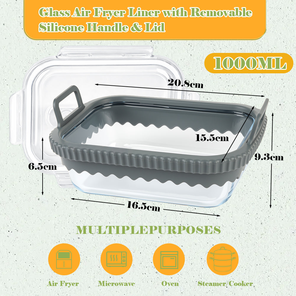 BYKITCHEN Air Fryer Accessories for Ninja Foodi Dual AF400UK / Double Stack SL400UK 9.5L, Glass Baking Dish with Removable Silicone Handle and Lid, Reusable Glass Container for Meal Prep & Storage