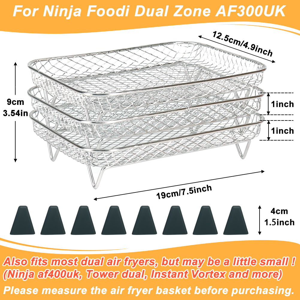 BYKITCHEN Air Fryer Rack for Ninja Dual Basket, 3 Layers, 304 Stainless Steel Stacking Bacon Racks, Air Fryer Accessories for Ninja AF300UK, Salter/Instant/EMtronics Double Drawer Fryers