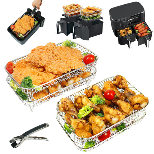 BYKITCHEN Large 4 Layers Air Fryer Racks, 304 Stainless Steel Rack with Clip, Air Fryer Accessories for Ninja Dual AF400UK/AF451UK 9.5L/Tower/Instant Vortex/EMtronics Double Drawer Fryers
