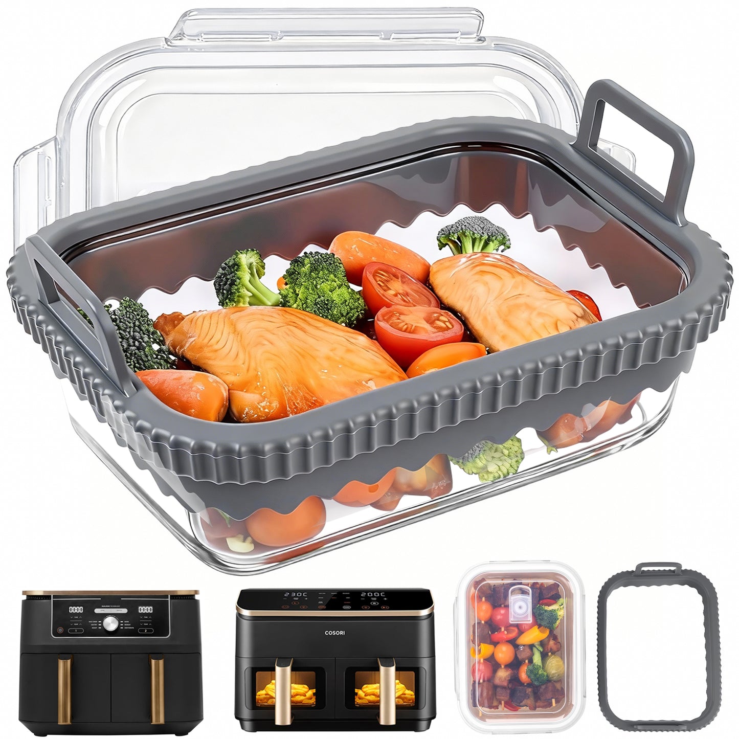 BYKITCHEN Air Fryer Accessories for Ninja Foodi Dual AF400UK / Double Stack SL400UK 9.5L, Glass Baking Dish with Removable Silicone Handle and Lid, Reusable Glass Container for Meal Prep & Storage