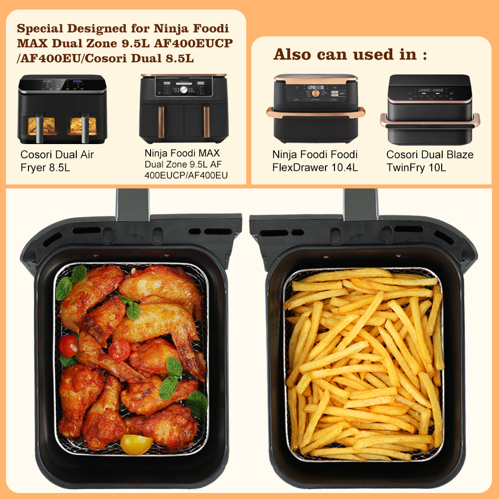 BYKITCHEN Enlarged Air Fryer Accessories for Ninja Foodi Max AF400UK 9.5L & COSORI Dual 8.5L, 3-Tier Stacking Rack with 8 Silicone Feet, Grill Rack for EMtronics/Cuisinart Dual Basket Air Fryers