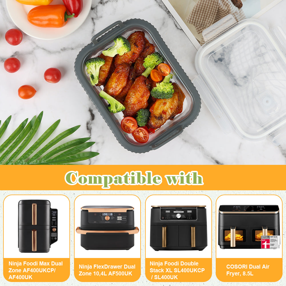 BYKITCHEN Air Fryer Accessories for Ninja Foodi Dual AF400UK / Double Stack SL400UK 9.5L, Glass Baking Dish with Removable Silicone Handle and Lid, Reusable Glass Container for Meal Prep & Storage