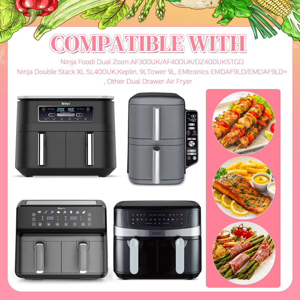 BYKITCHEN 100pcs Air Fryer Liners for Ninja Dual, Air Fryer AF300UK AF400UK Accessories, Disposable Air Fryer Parchment Paper Liner, Compatible with Ninja, Salter, Tower and Other Dual Zone Air Fryer