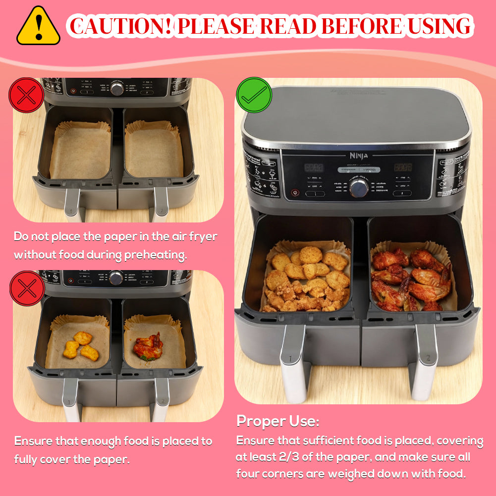 BYKITCHEN 100pcs Air Fryer Liners for Ninja Dual, Air Fryer AF300UK AF400UK Accessories, Disposable Air Fryer Parchment Paper Liner, Compatible with Ninja, Salter, Tower and Other Dual Zone Air Fryer