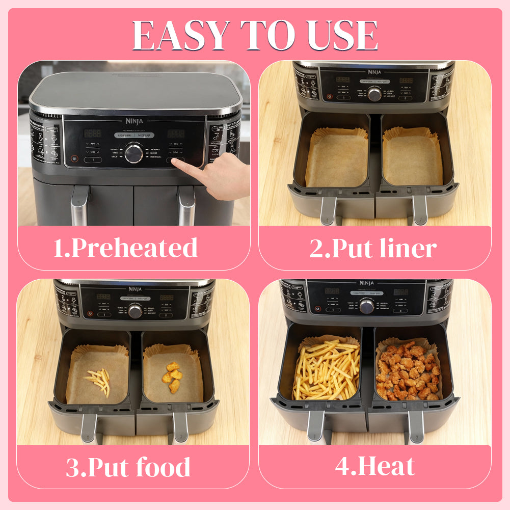 BYKITCHEN 100pcs Air Fryer Liners for Ninja Dual, Air Fryer AF300UK AF400UK Accessories, Disposable Air Fryer Parchment Paper Liner, Compatible with Ninja, Salter, Tower and Other Dual Zone Air Fryer