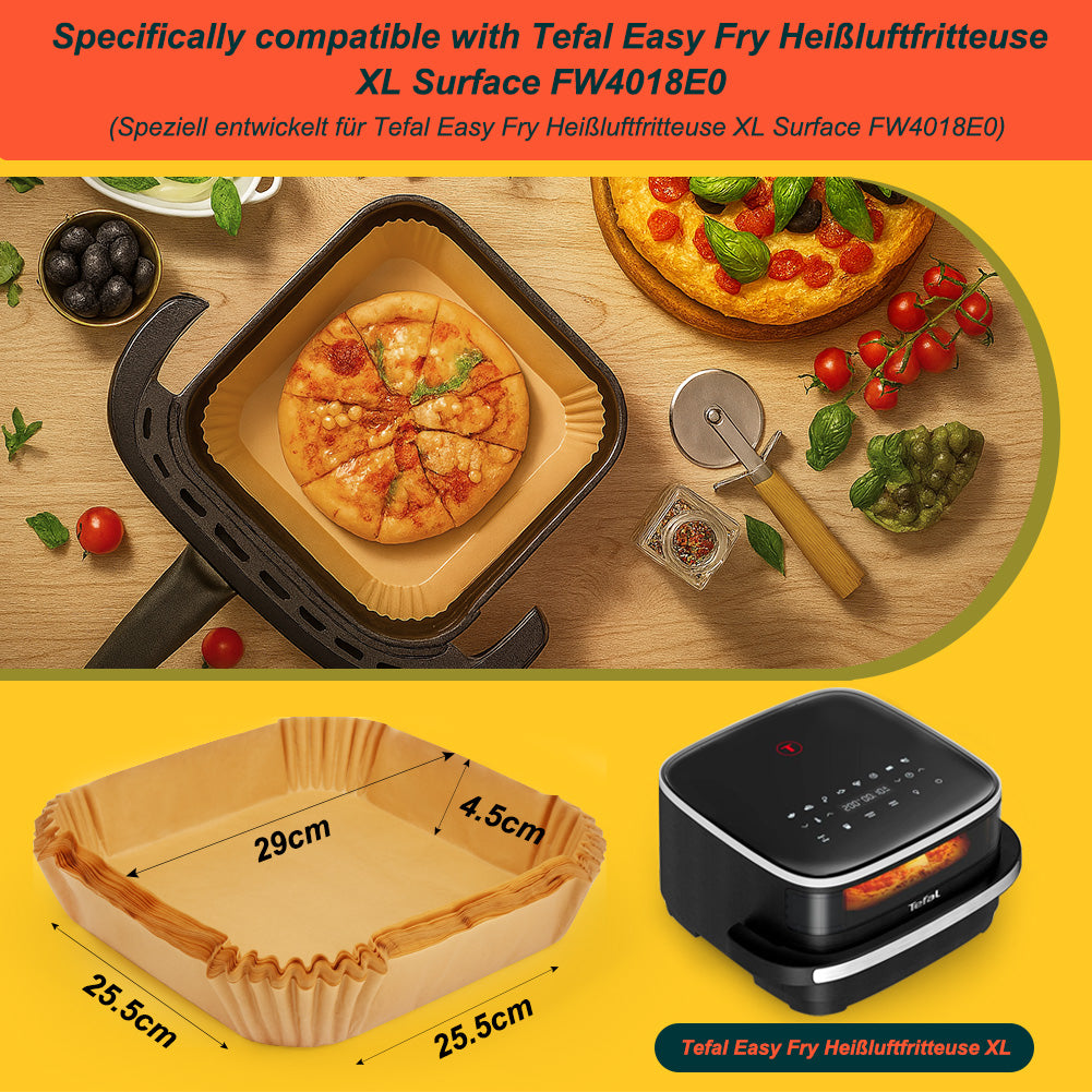 BYKITCHEN 100PCS Air Fryer Liners for Tefal Easy Fry Pizza Air Fryer 10 Inch, 25.5cm Large Disposable Airfryer Liners Square, Parchment Paper Accessories for Fryers with Pizza Drawer & Oven