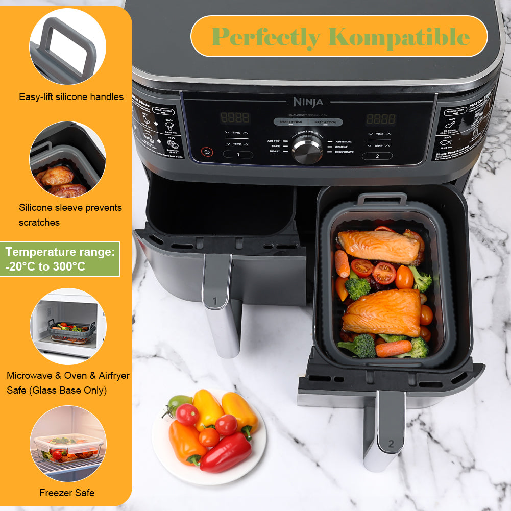 BYKITCHEN Air Fryer Accessories for Ninja Foodi Dual AF400UK / Double Stack SL400UK 9.5L, Glass Baking Dish with Removable Silicone Handle and Lid, Reusable Glass Container for Meal Prep & Storage