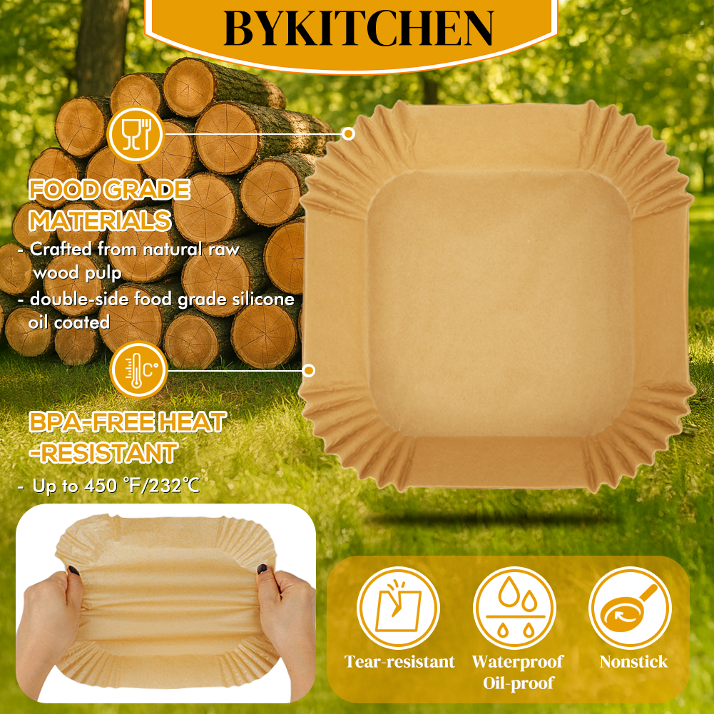 BYKITCHEN 300PCS Air Fryer Liners, 20cm Square Parchment Paper Airfryer Liners Disposable, Fit for 5L-7.5L Baskets, Nonstick Food Grade Air Fryer Accessories for Ninja/Cosori Turbo Tower/Tefal Fryers