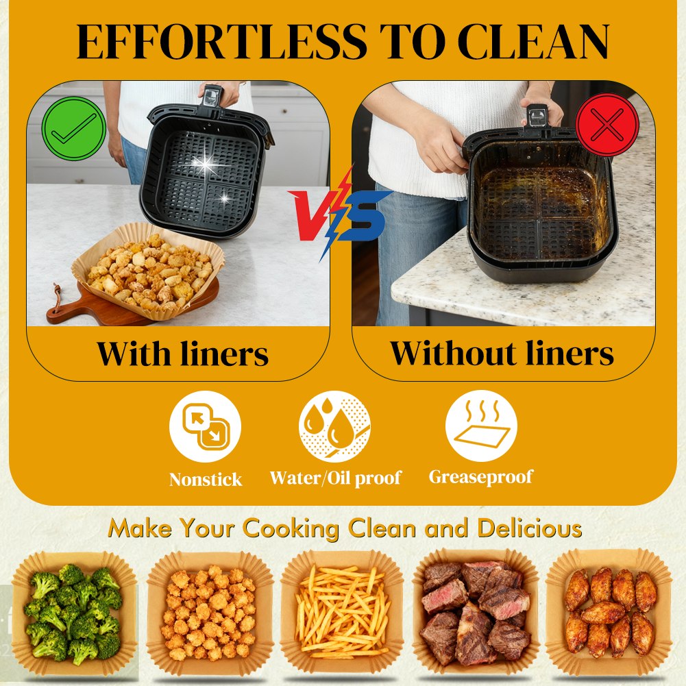 BYKITCHEN 300PCS Air Fryer Liners, 20cm Square Parchment Paper Airfryer Liners Disposable, Fit for 5L-7.5L Baskets, Nonstick Food Grade Air Fryer Accessories for Ninja/Cosori Turbo Tower/Tefal Fryers