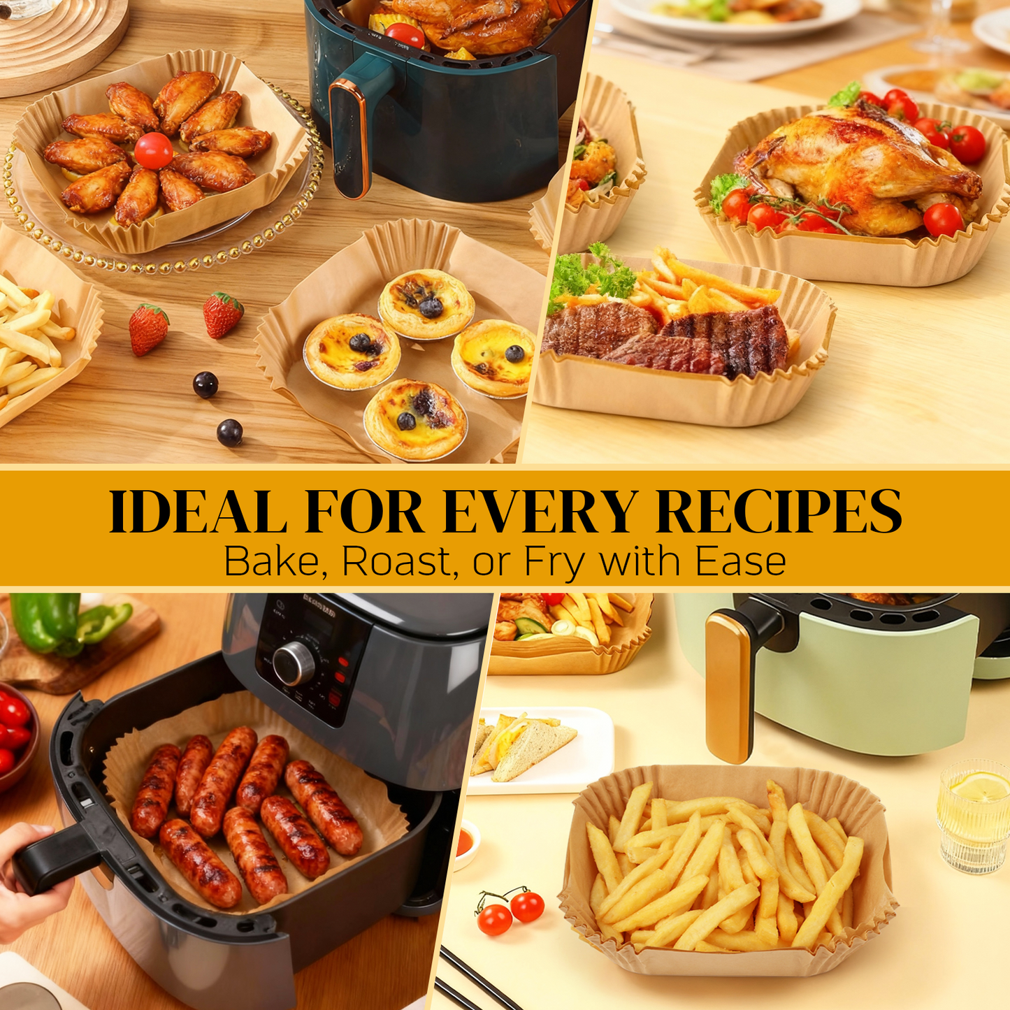 BYKITCHEN 300PCS Air Fryer Liners, 20cm Square Parchment Paper Airfryer Liners Disposable, Fit for 5L-7.5L Baskets, Nonstick Food Grade Air Fryer Accessories for Ninja/Cosori Turbo Tower/Tefal Fryers
