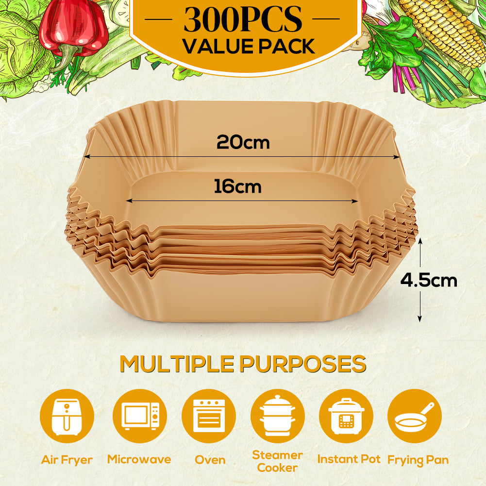 BYKITCHEN 300PCS Air Fryer Liners, 20cm Square Parchment Paper Airfryer Liners Disposable, Fit for 5L-7.5L Baskets, Nonstick Food Grade Air Fryer Accessories for Ninja/Cosori Turbo Tower/Tefal Fryers