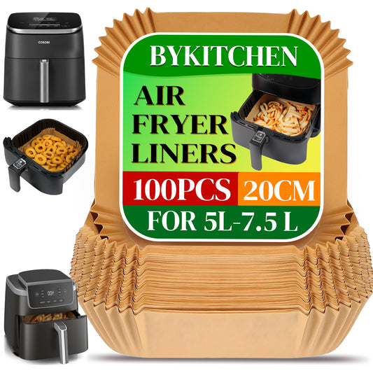 BYKITCHEN 100pcs Air Fryer Paper, 7.9 Inch Large Air Fryer Liner Disposable, Airfryer Accessories, Parchment Paper for Air Fryer, Compatible with COSORI, Ninja Speedi 5.7L, Tower, Salter