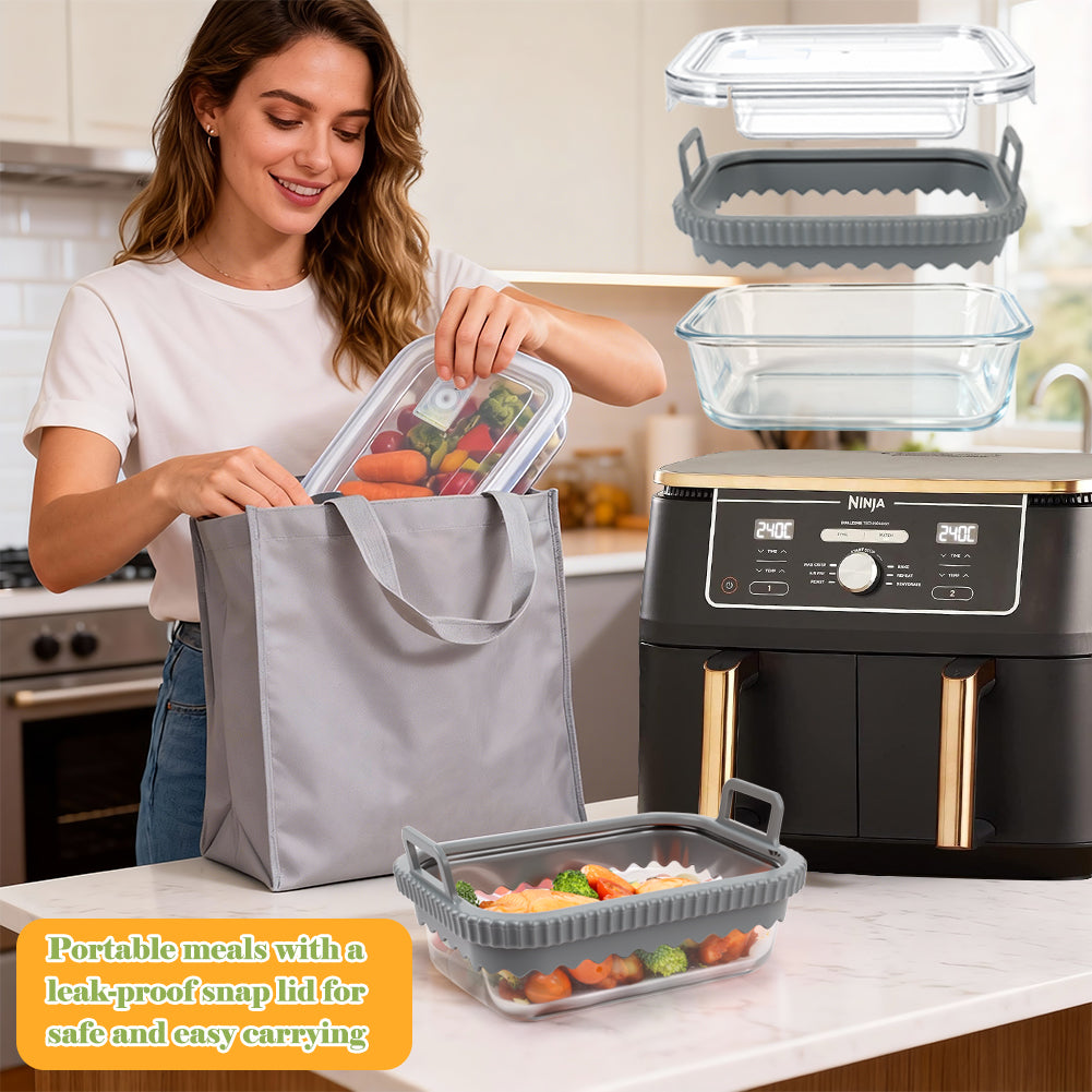BYKITCHEN Air Fryer Accessories for Ninja Foodi Dual AF400UK / Double Stack SL400UK 9.5L, Glass Baking Dish with Removable Silicone Handle and Lid, Reusable Glass Container for Meal Prep & Storage