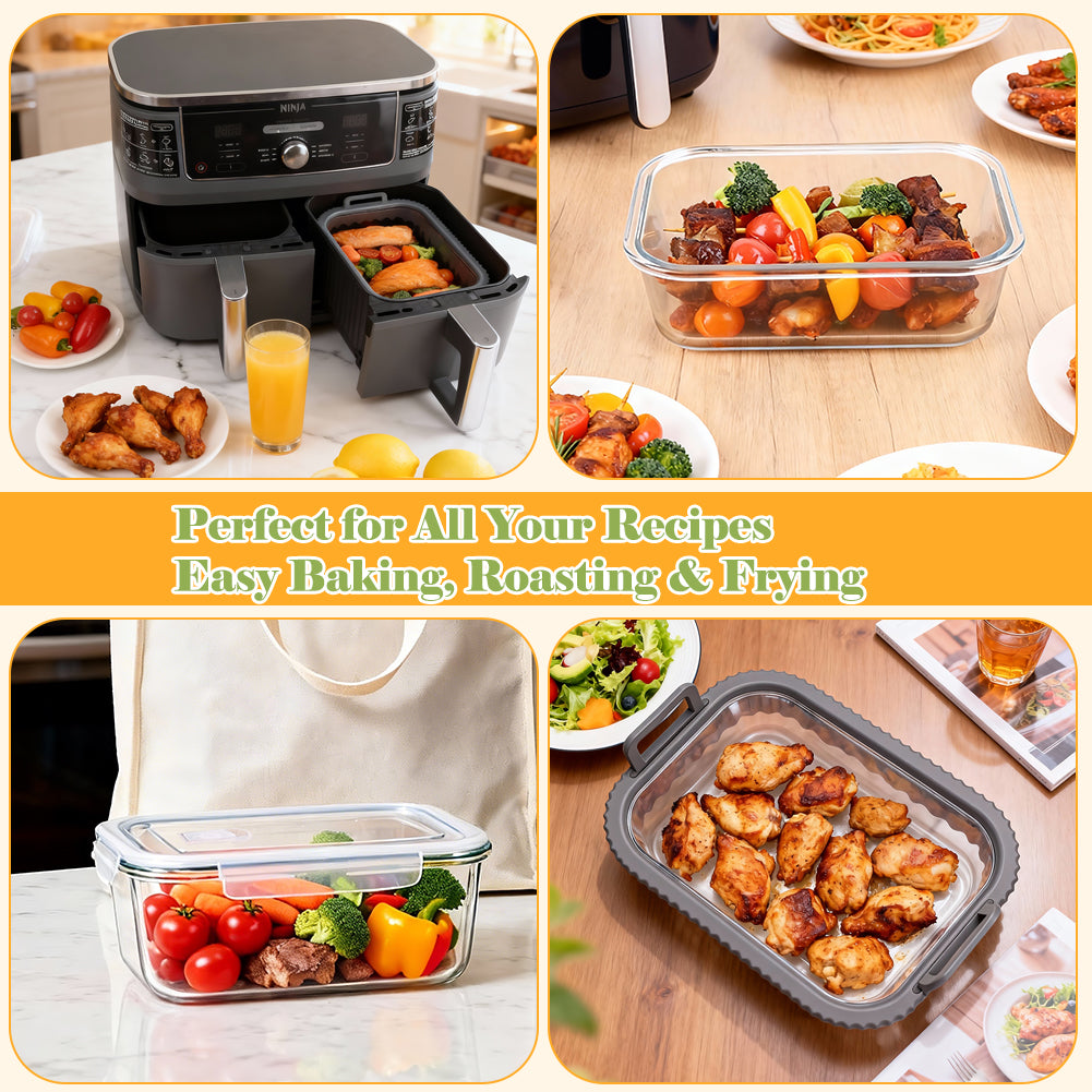 BYKITCHEN Air Fryer Accessories for Ninja Foodi Dual AF400UK / Double Stack SL400UK 9.5L, Glass Baking Dish with Removable Silicone Handle and Lid, Reusable Glass Container for Meal Prep & Storage