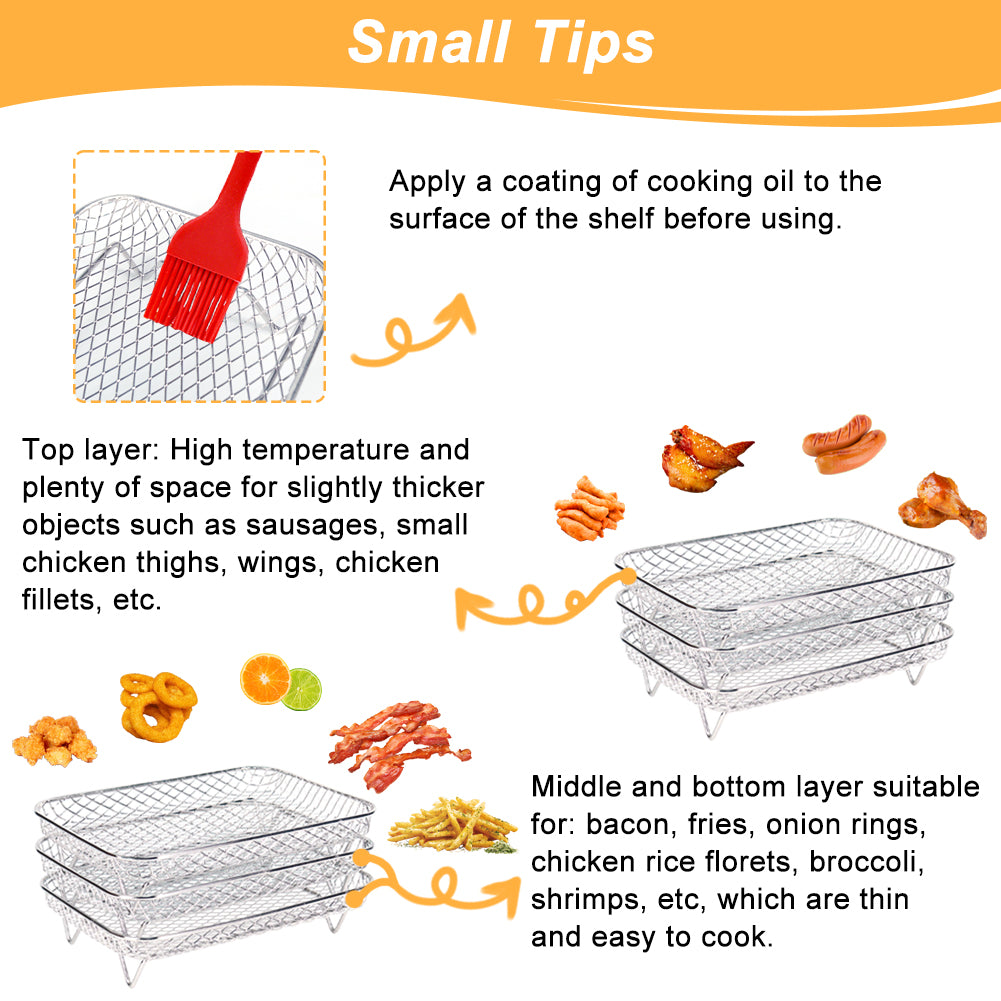 BYKITCHEN Air Fryer Rack for Ninja Dual Basket, 3 Layers, 304 Stainless Steel Stacking Bacon Racks, Air Fryer Accessories for Ninja AF300UK, Salter/Instant/EMtronics Double Drawer Fryers