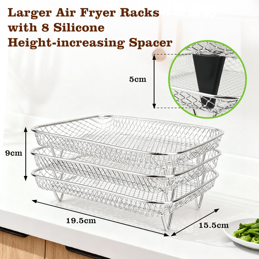 BYKITCHEN Enlarged Air Fryer Accessories for Ninja Foodi Max AF400UK 9.5L & COSORI Dual 8.5L, 3-Tier Stacking Rack with 8 Silicone Feet, Grill Rack for EMtronics/Cuisinart Dual Basket Air Fryers