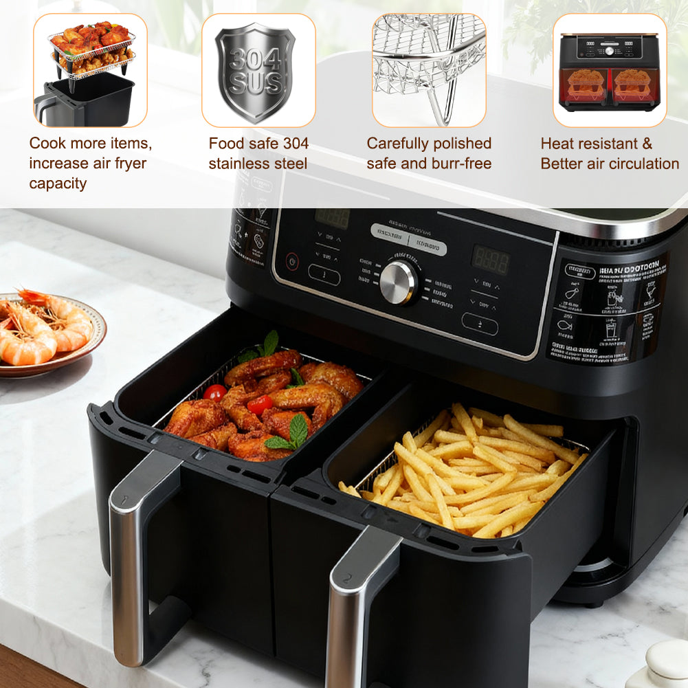 BYKITCHEN Enlarged Air Fryer Accessories for Ninja Foodi Max AF400UK 9.5L & COSORI Dual 8.5L, 3-Tier Stacking Rack with 8 Silicone Feet, Grill Rack for EMtronics/Cuisinart Dual Basket Air Fryers
