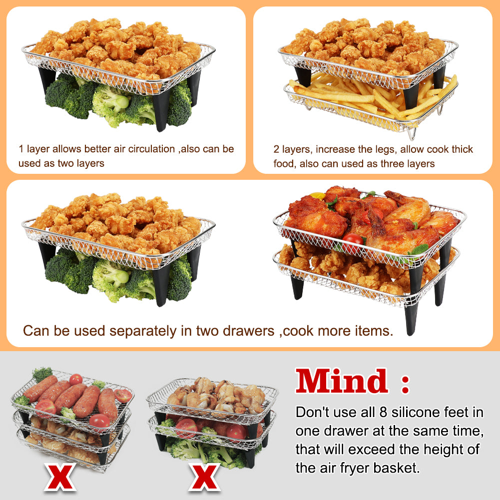 BYKITCHEN Enlarged Air Fryer Accessories for Ninja Foodi Max AF400UK 9.5L & COSORI Dual 8.5L, 3-Tier Stacking Rack with 8 Silicone Feet, Grill Rack for EMtronics/Cuisinart Dual Basket Air Fryers