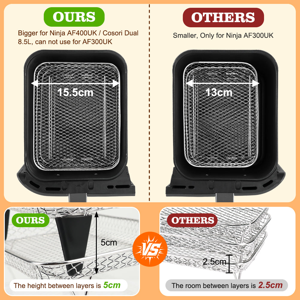 BYKITCHEN Enlarged Air Fryer Accessories for Ninja Foodi Max AF400UK 9.5L & COSORI Dual 8.5L, 3-Tier Stacking Rack with 8 Silicone Feet, Grill Rack for EMtronics/Cuisinart Dual Basket Air Fryers