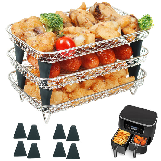 BYKITCHEN Air Fryer Rack for Ninja Dual Basket, 3 Layers, 304 Stainless Steel Stacking Bacon Racks, Air Fryer Accessories for Ninja AF300UK, Salter/Instant/EMtronics Double Drawer Fryers