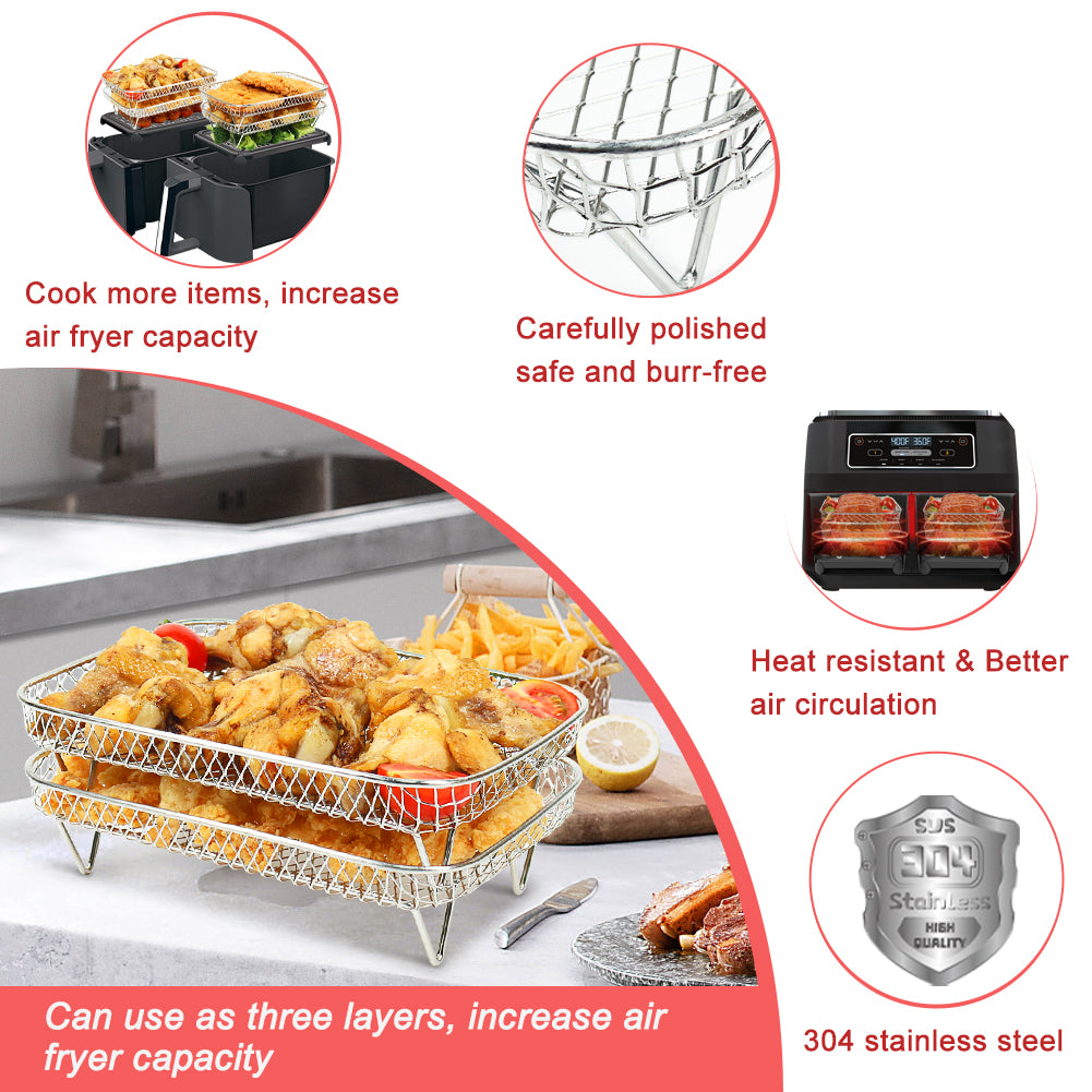 BYKITCHEN Air Fryer Racks, Large 304 Stainless Steel Rack with Clip, Air Fryer Accessories for Ninja Dual AF400UK/AF451UK 9.5L/Tower/Instant Vortex/EMtronics Double Drawer Fryers (2 Layers)