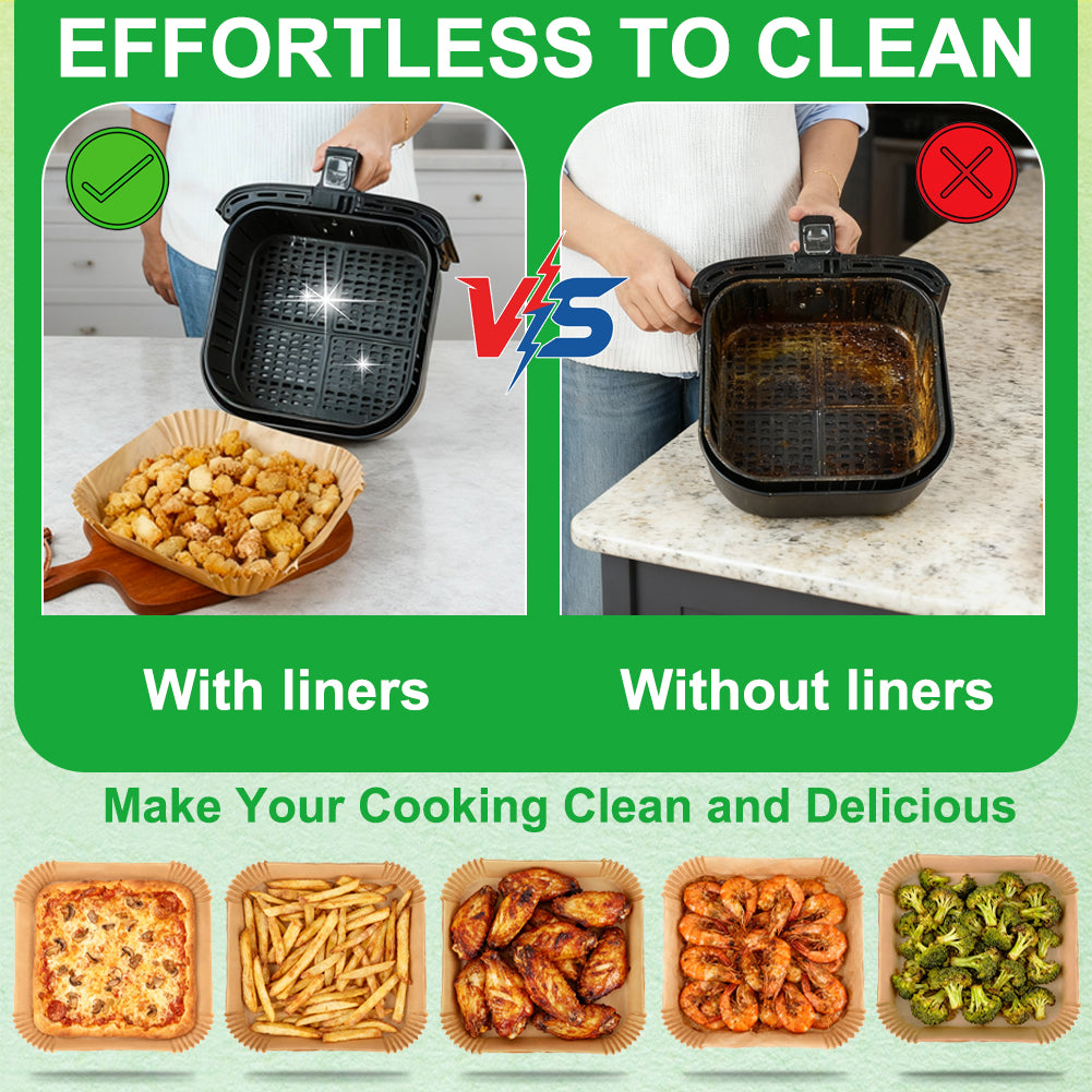 BYKITCHEN Large Air Fryer Liners Disposable, 200PCS 9 Inch Square Parchment Paper Liners for 8L-12L Air Fryer & Oven,Nonstick Food Grade Airfryer Accessories for Russell Hobbs 8.3L
