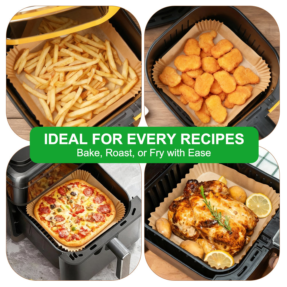 BYKITCHEN Large Air Fryer Liners Disposable, 200PCS 9 Inch Square Parchment Paper Liners for 8L-12L Air Fryer & Oven,Nonstick Food Grade Airfryer Accessories for Russell Hobbs 8.3L