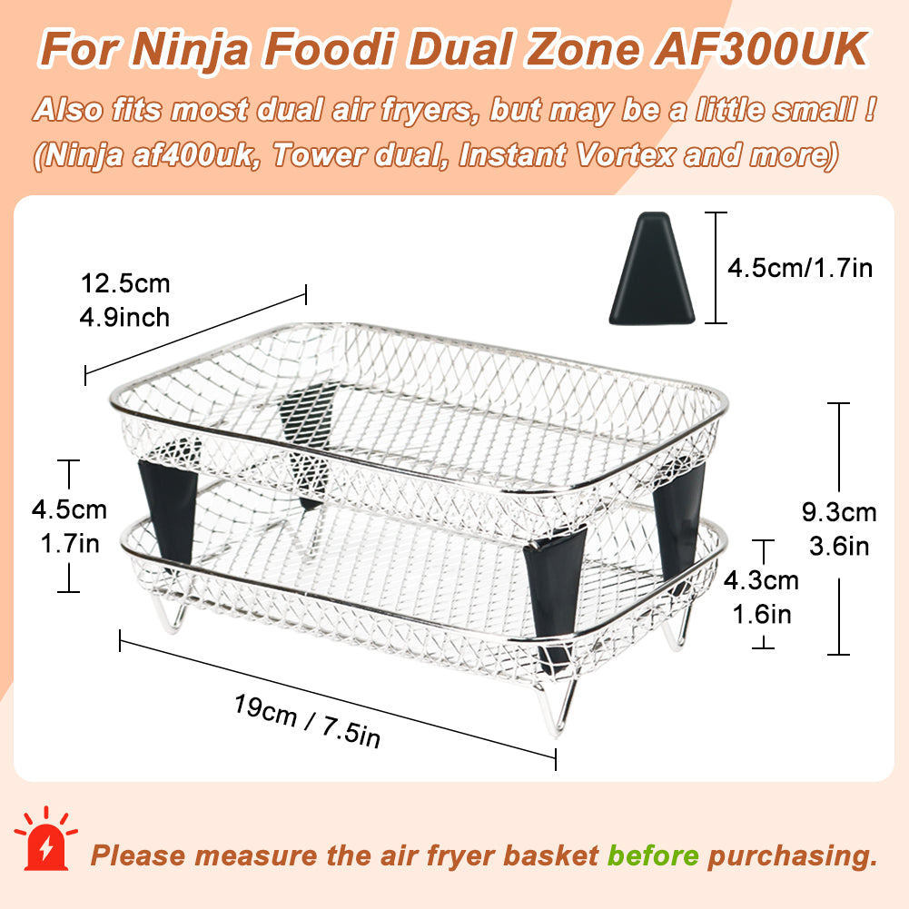 BYKITCHEN 4 Layers Air Fryer Racks with 8 Silicone Feet, Air Fryer Accessories for Ninja Dual AF400UK/AF451UK 9.5L, 304 Stainless Steel, Also Compatible with Tower/Instant/EMtronics 2 Drawer Fryer