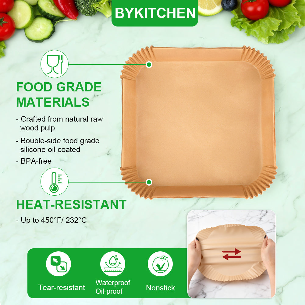 BYKITCHEN Large Air Fryer Liners Disposable, 200PCS 9 Inch Square Parchment Paper Liners for 8L-12L Air Fryer & Oven,Nonstick Food Grade Airfryer Accessories for Russell Hobbs 8.3L
