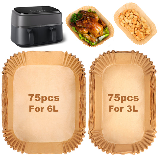 BYKITCHEN Air Fryer Liners for Philips Dual Air Fryer 3L & 6L, Tefal 5.2L & 3.1L, Cookwise 3L & 6L, Lakeland/Salter Dual Air Fryer (150PCS)