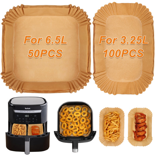 BYKITCHEN 150pcs Air Fryer Liners for Tefal Easy Fry 6.5L or 3.25L x2 Dual Air Fryer, Paper Liners Disposable, Air Fryer Accessories for Tefal Flexi Drawer Air Fryer EY801827