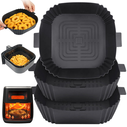 BYKITCHEN 3 Pack Air fryer Liners Silicone, Square Air Fryer Liners for Ninja MAX PRO 6.2L/Ninja Pro 4.7L, Air Fryer Accessories for COSORI 3.8L/4.7L/5.5L, Instant 3.8L, Tefal 4.2L/5L Airfryer (Black)
