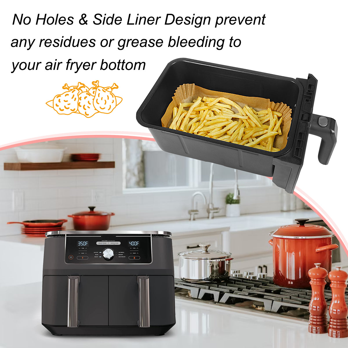 BYKITCHEN 100pcs Air Fryer Liners for Ninja Dual, Air Fryer AF300UK AF400UK Accessories, Disposable Air Fryer Parchment Paper Liner, Compatible with Ninja, Salter, Tower and Other Dual Zone Air Fryer