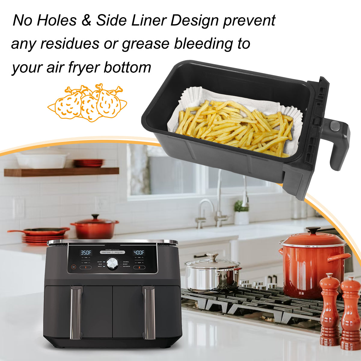 BYKITCHEN Air Fryer Liners Disposable for Ninja Dual, Air Fryer Accessories for AF300UK/ AF400UK, Liners for Air Fryer Basket, Compatible with Ninja Foodi, Salter, Tower Double Basket 7.6L/9L (50pcs)