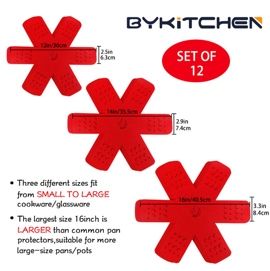 Pan Pot Protectors, Larger and Thicker Pan Separators with Moon and Star,Set of 12 & 3 Different Size, Red Pan Protectors for Stacking to Protect Pots and Pans in Kitchen Cupboard