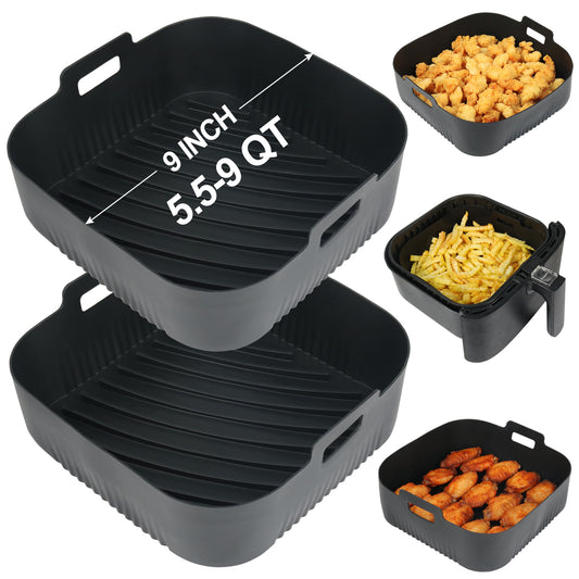 BYKITCHEN 9 Inch Square Silicone Air Fryer Liners for 6 to 8QT, Set of 2, Reusable Silicone Airfryer Tray Insert, Air Fryer Accessories for Corsori 6QT, Ninja Airfryer Pro XL 6.5QT, Gourmia & More