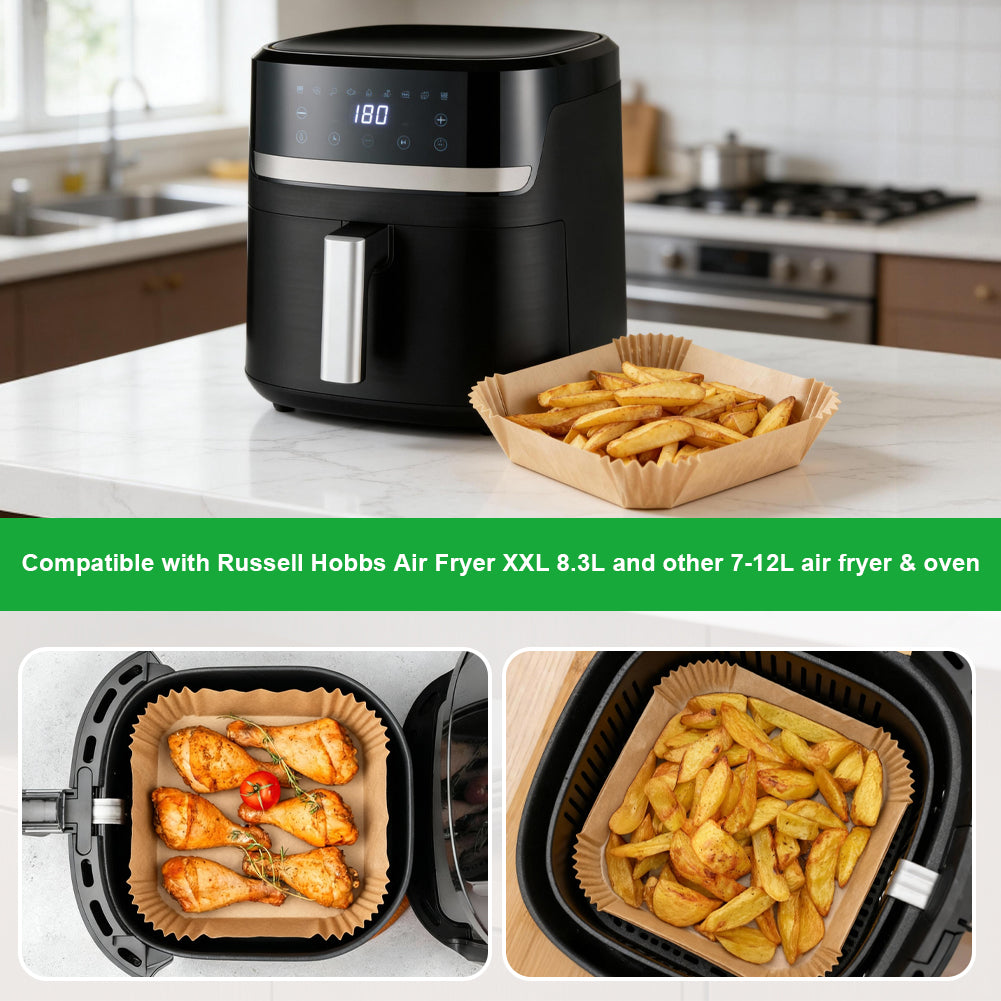 BYKITCHEN Large Air Fryer Liners Disposable, 200PCS 9 Inch Square Parchment Paper Liners for 8L-12L Air Fryer & Oven,Nonstick Food Grade Airfryer Accessories for Russell Hobbs 8.3L