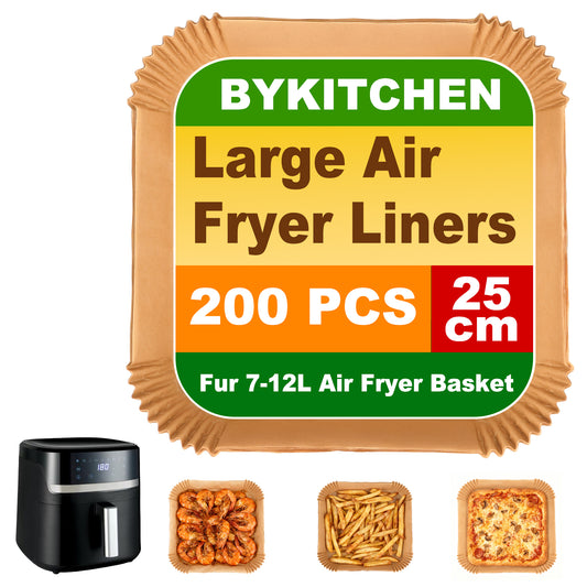 BYKITCHEN Large Air Fryer Liners Disposable, 200PCS 9 Inch Square Parchment Paper Liners for 8L-12L Air Fryer & Oven,Nonstick Food Grade Airfryer Accessories for Russell Hobbs 8.3L